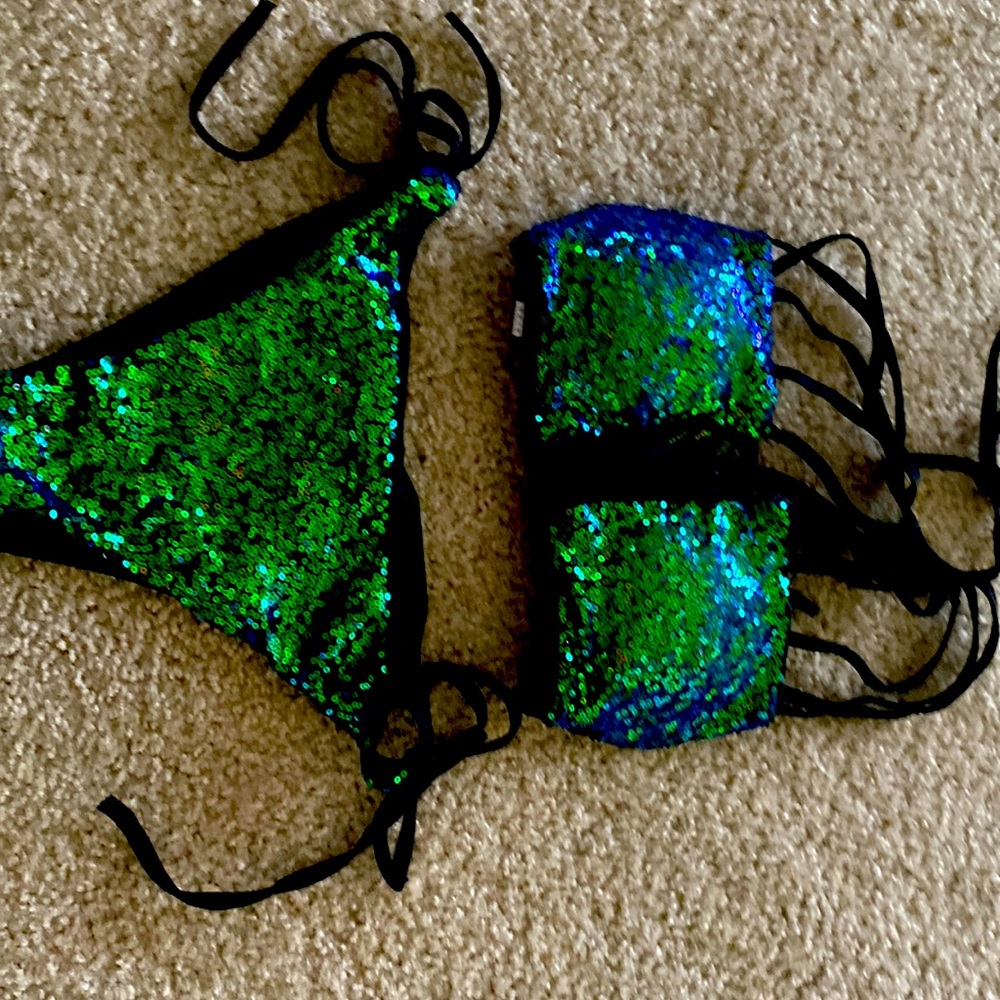 Two piece swimsuit bikini sequin green M-XL